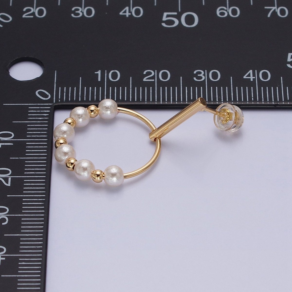 Silver, Gold Round White Pearl Bead Circular Drop Linear Stud Earrings | AB1098 AD784 - DLUXCA