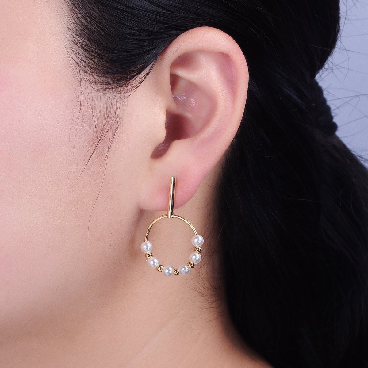 Silver, Gold Round White Pearl Bead Circular Drop Linear Stud Earrings | AB1098 AD784 - DLUXCA