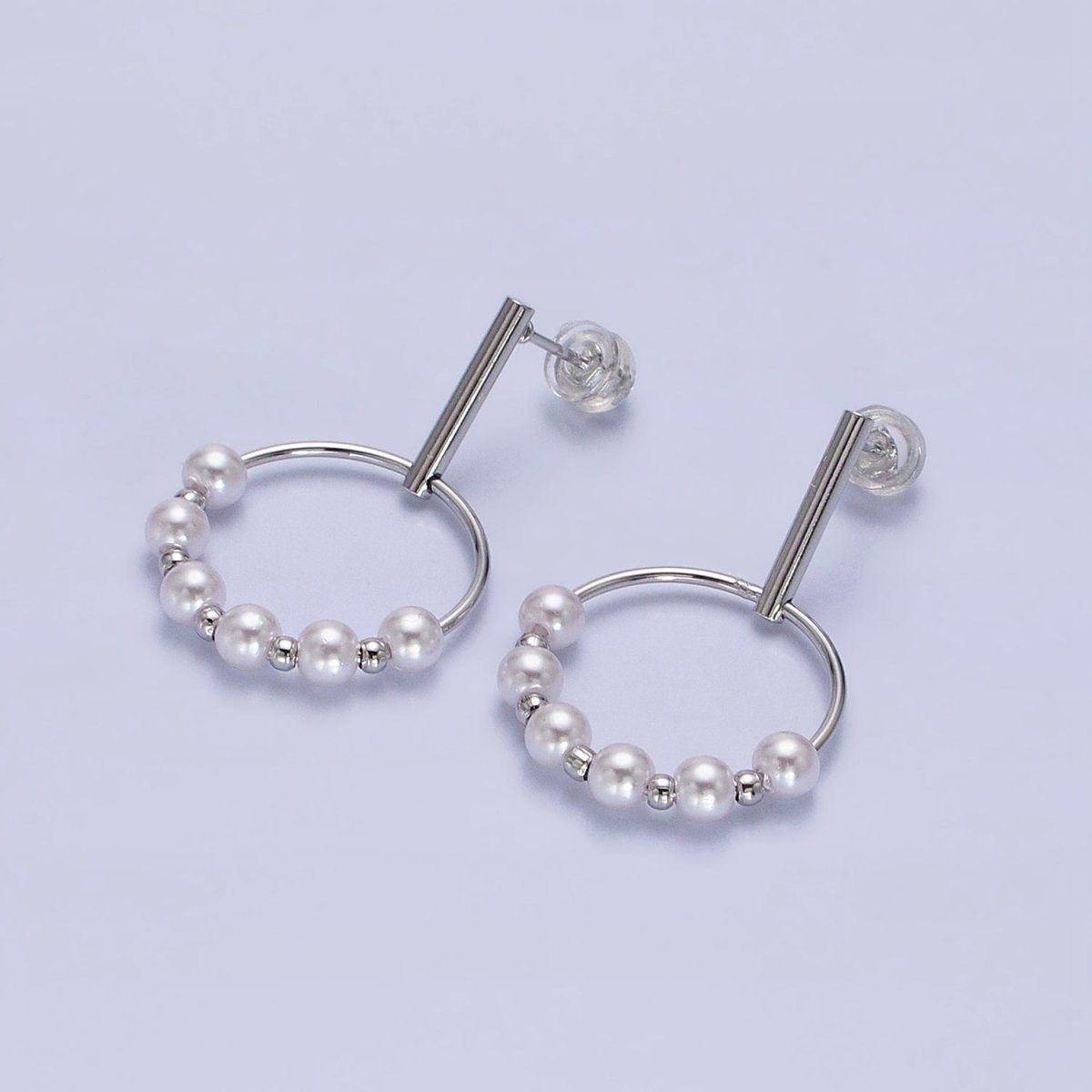 Silver, Gold Round White Pearl Bead Circular Drop Linear Stud Earrings | AB1098 AD784 - DLUXCA