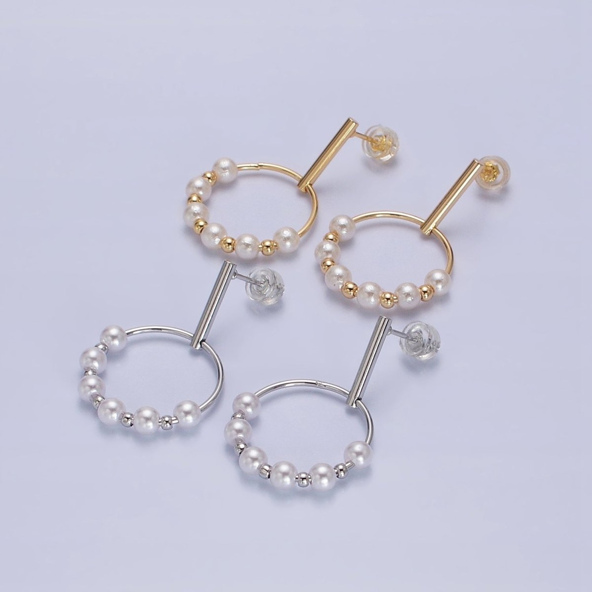 Silver, Gold Round White Pearl Bead Circular Drop Linear Stud Earrings | AB1098 AD784 - DLUXCA