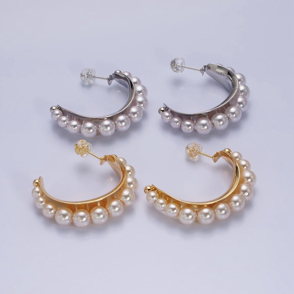 Silver, Gold Round White Pearl Lined C-Shaped Hoop Earrings | AD782 AD793 - DLUXCA
