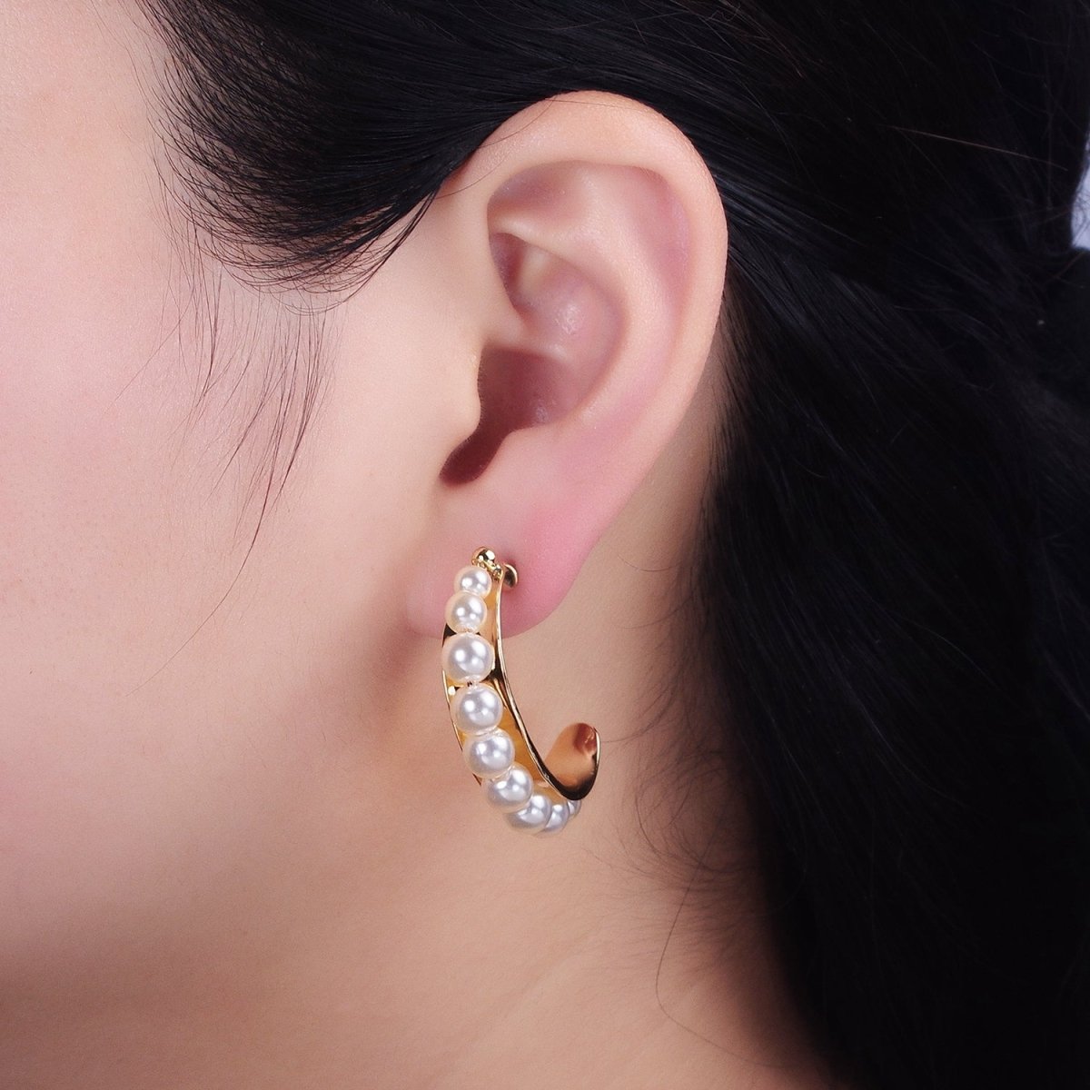 Silver, Gold Round White Pearl Lined C-Shaped Hoop Earrings | AD782 AD793 - DLUXCA