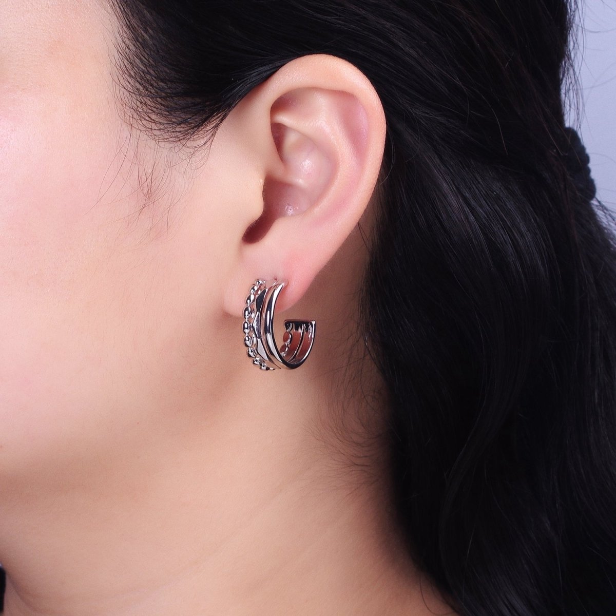 Silver, Gold Triple Band Dented Beaded C-Shaped Wide C-Shaped Hoop Earrings | AB890 AB903 - DLUXCA