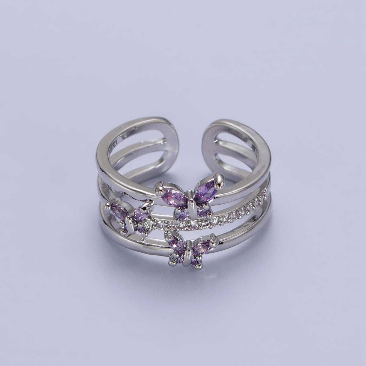 Silver, Gold Triple Band Micro Paved CZ Green, Purple Butterfly Mariposa Ring | Y-573 ~ Y-576 - DLUXCA