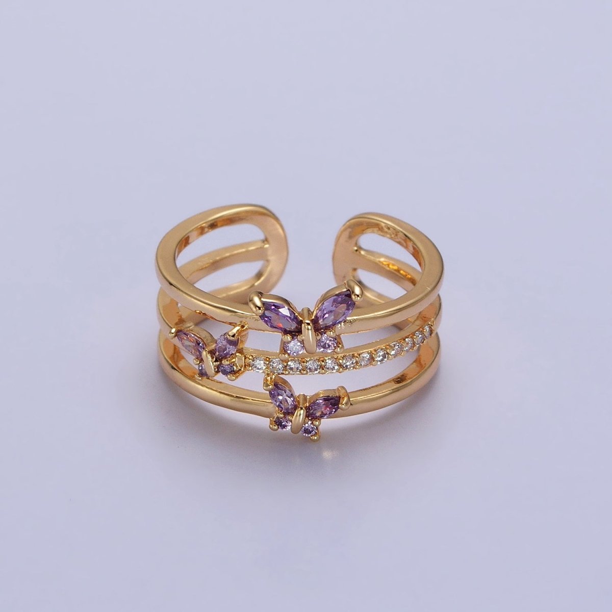 Silver, Gold Triple Band Micro Paved CZ Green, Purple Butterfly Mariposa Ring | Y-573 ~ Y-576 - DLUXCA