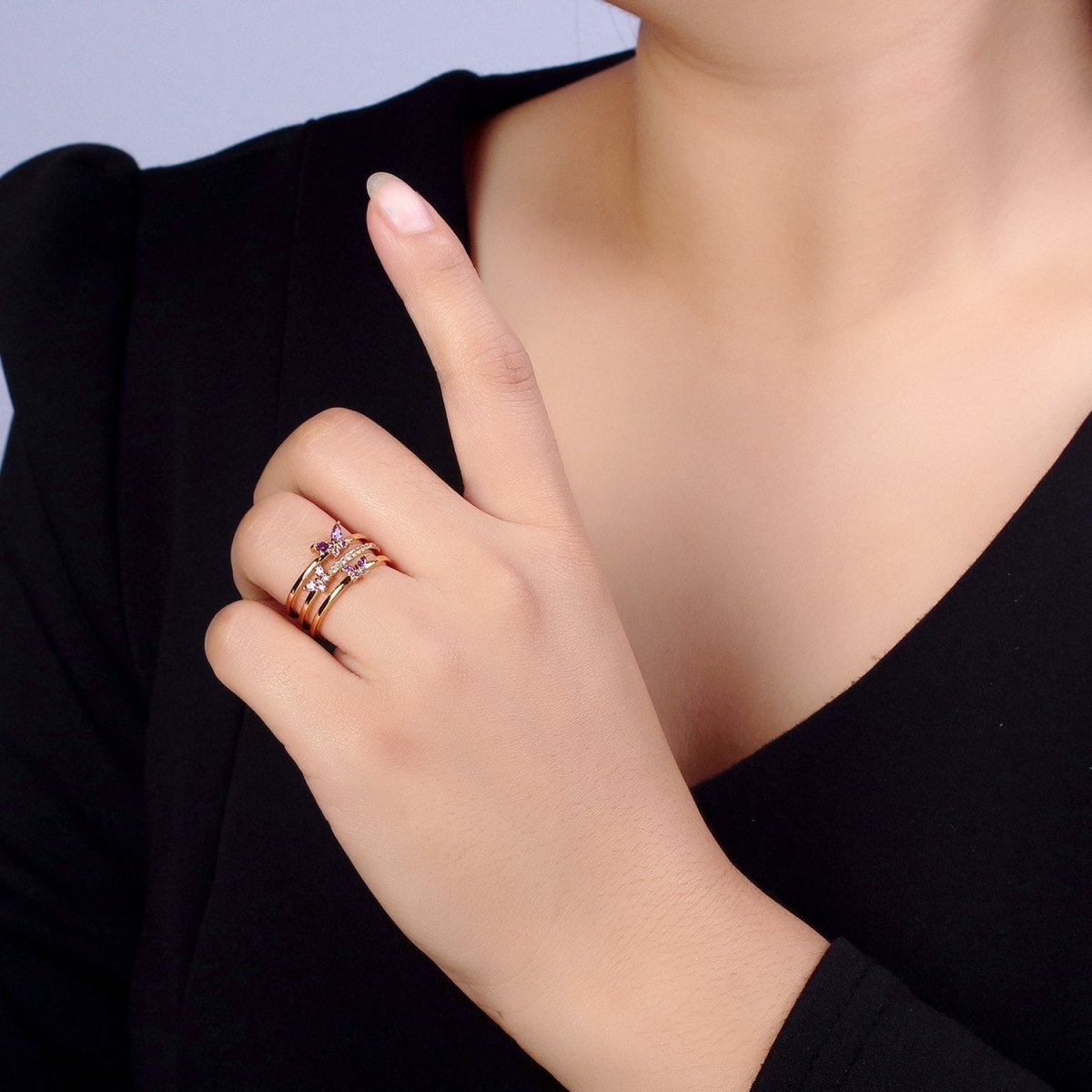 Silver, Gold Triple Band Micro Paved CZ Green, Purple Butterfly Mariposa Ring | Y-573 ~ Y-576 - DLUXCA