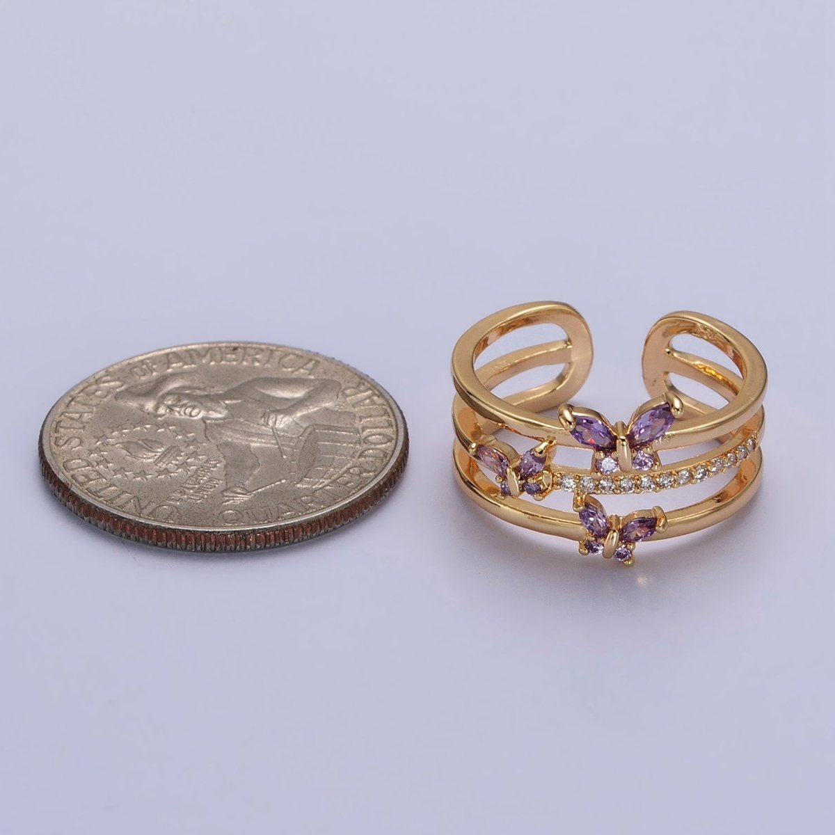 Silver, Gold Triple Band Micro Paved CZ Green, Purple Butterfly Mariposa Ring | Y-573 ~ Y-576 - DLUXCA