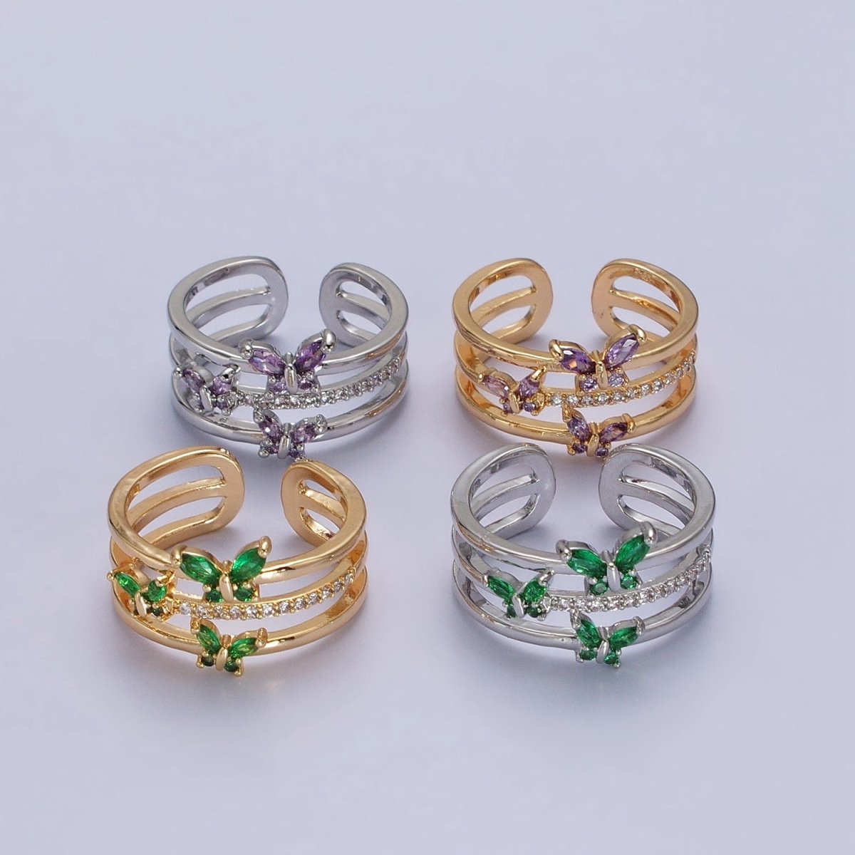 Silver, Gold Triple Band Micro Paved CZ Green, Purple Butterfly Mariposa Ring | Y-573 ~ Y-576 - DLUXCA