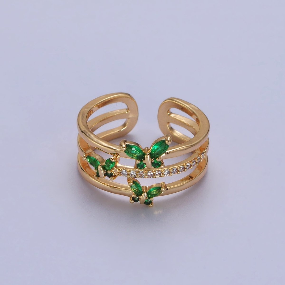 Silver, Gold Triple Band Micro Paved CZ Green, Purple Butterfly Mariposa Ring | Y-573 ~ Y-576 - DLUXCA