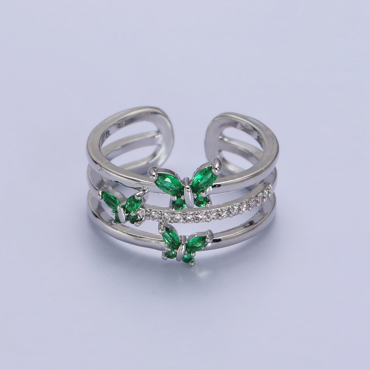 Silver, Gold Triple Band Micro Paved CZ Green, Purple Butterfly Mariposa Ring | Y-573 ~ Y-576 - DLUXCA