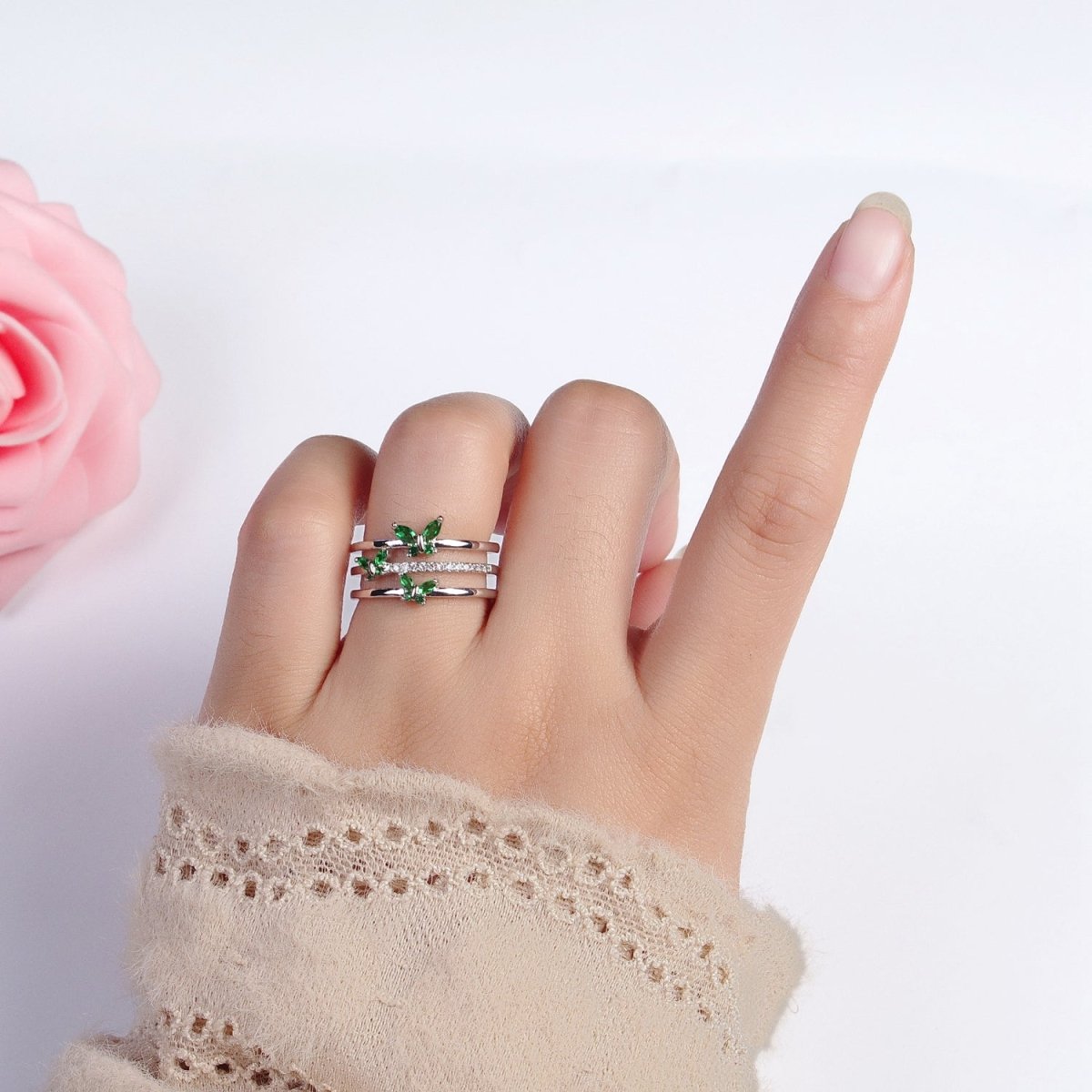 Silver, Gold Triple Band Micro Paved CZ Green, Purple Butterfly Mariposa Ring | Y-573 ~ Y-576 - DLUXCA