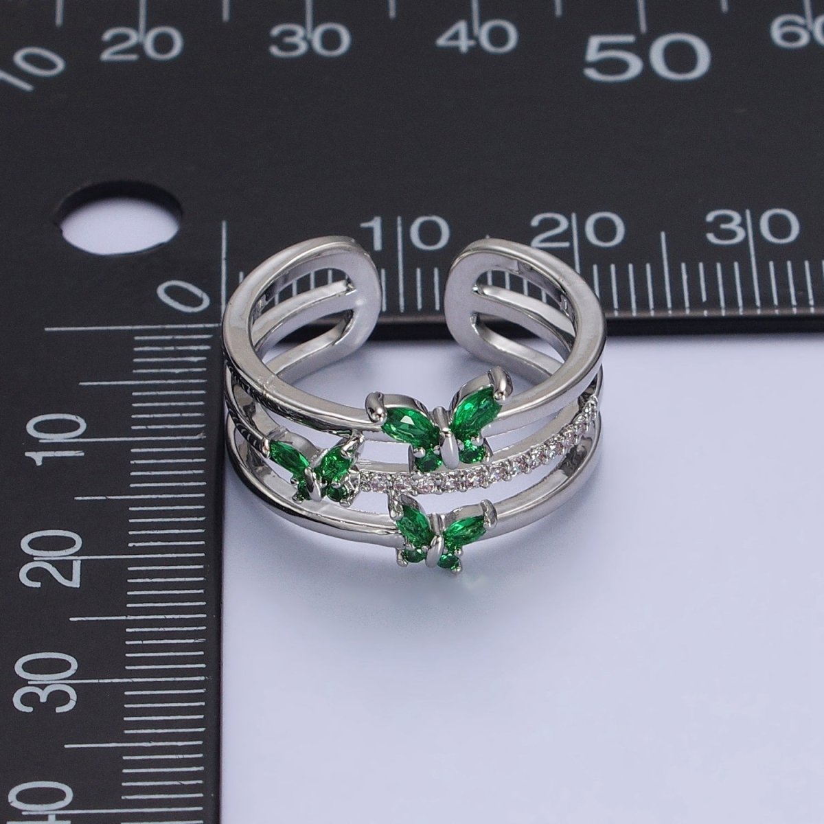 Silver, Gold Triple Band Micro Paved CZ Green, Purple Butterfly Mariposa Ring | Y-573 ~ Y-576 - DLUXCA