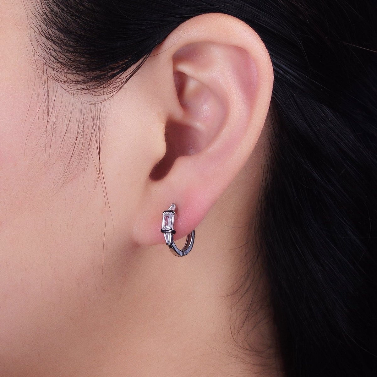 Silver, Gold Triple Clear Baguette CZ 13mm Huggie Earrings | AB1092 AD790 - DLUXCA