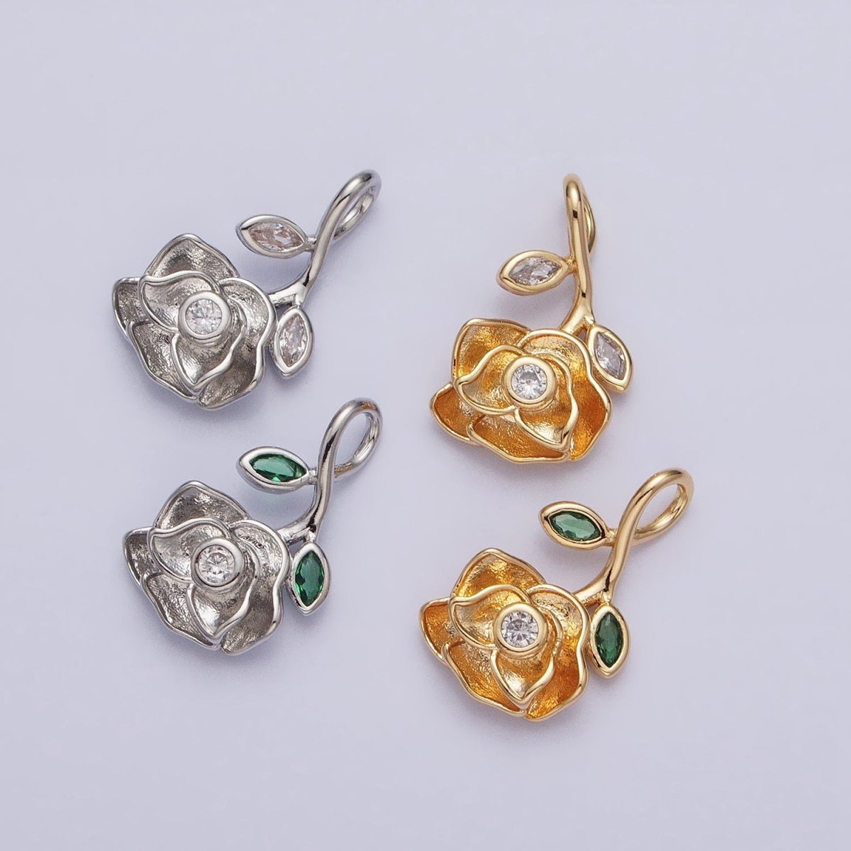 Silver, Gold Upside Down Flower Rose Clear, Green Marquise Leaf Pendant | AA349 AA355 AA356 AA363 - DLUXCA