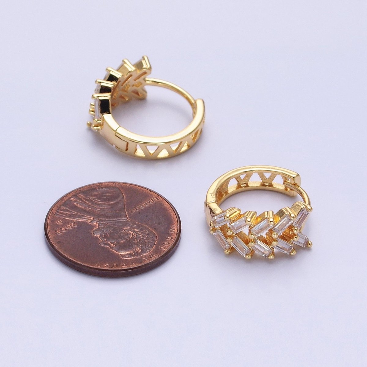 Silver, Gold V Double Clear Baguette Huggie Earrings | AB1093 AB1096 - DLUXCA