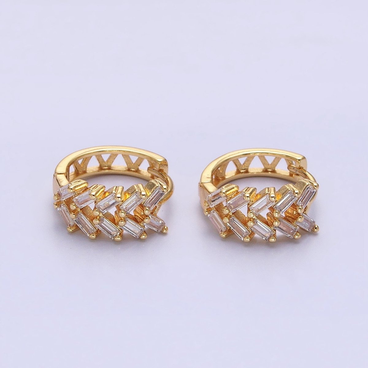 Silver, Gold V Double Clear Baguette Huggie Earrings | AB1093 AB1096 - DLUXCA