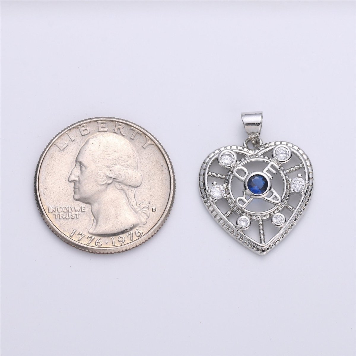 Silver Heart Charm, Micro Pave Pendant, Sapphire blue CZ Love Jewelry Supply I-606 - DLUXCA