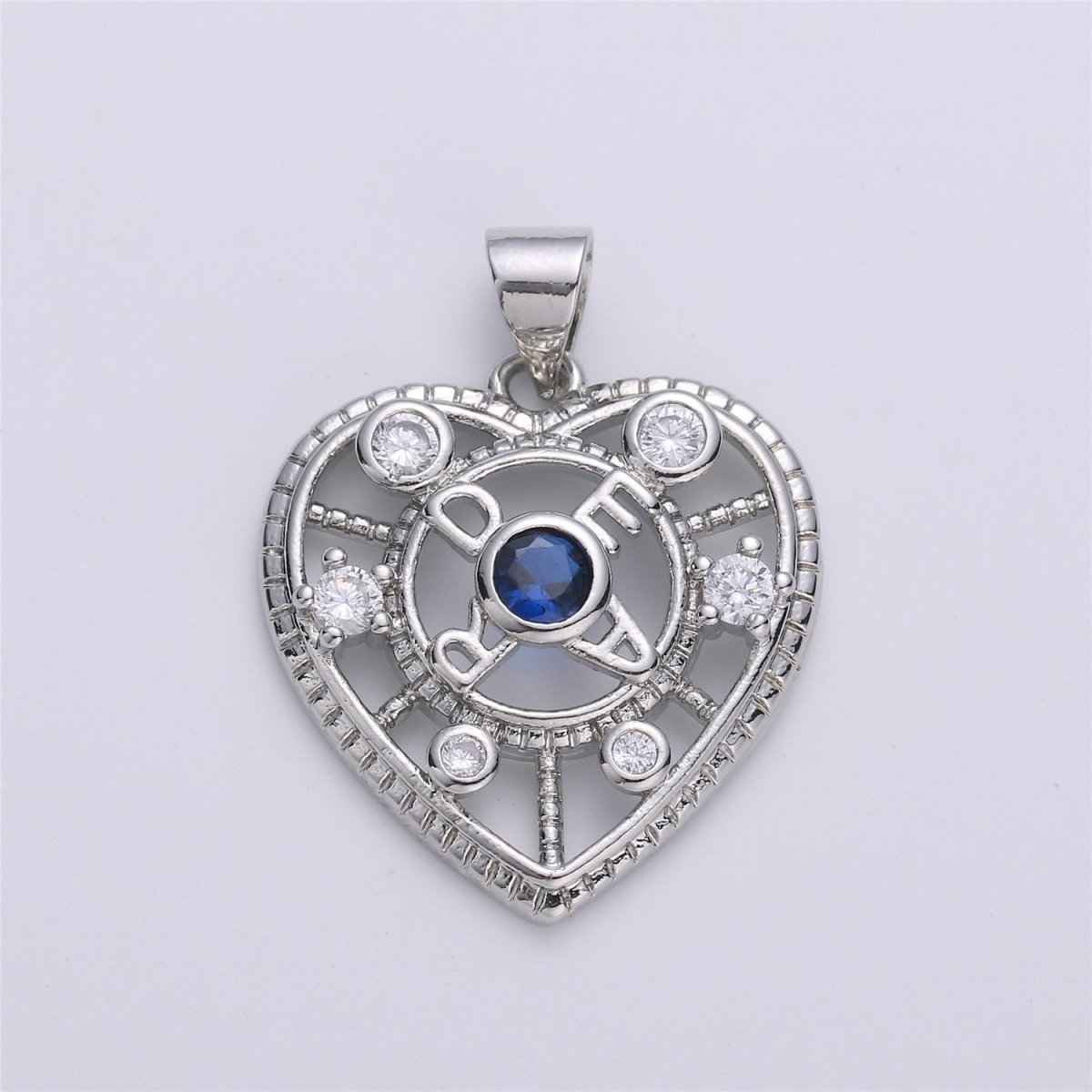 Silver Heart Charm, Micro Pave Pendant, Sapphire blue CZ Love Jewelry Supply I-606 - DLUXCA