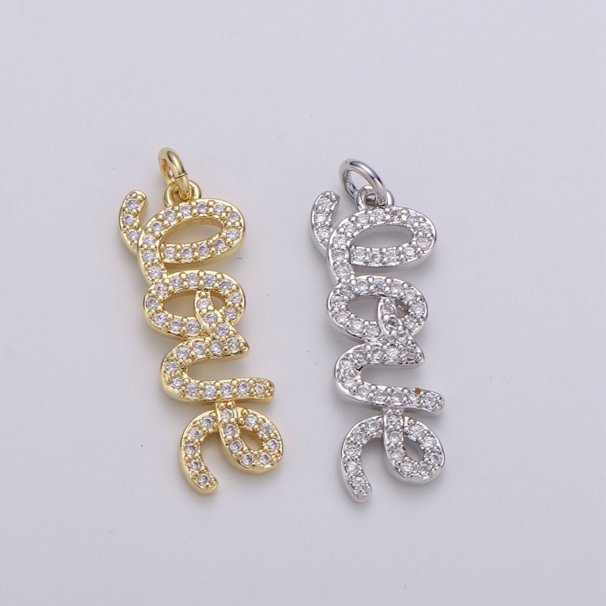 Silver Love Charm Pendant CZ Micro Pave, Love Words Pendant Charm, Gold Dangle Charm, Word Charm, Love Pendant Cubic Zirconia Charm D-457 D-458 - DLUXCA