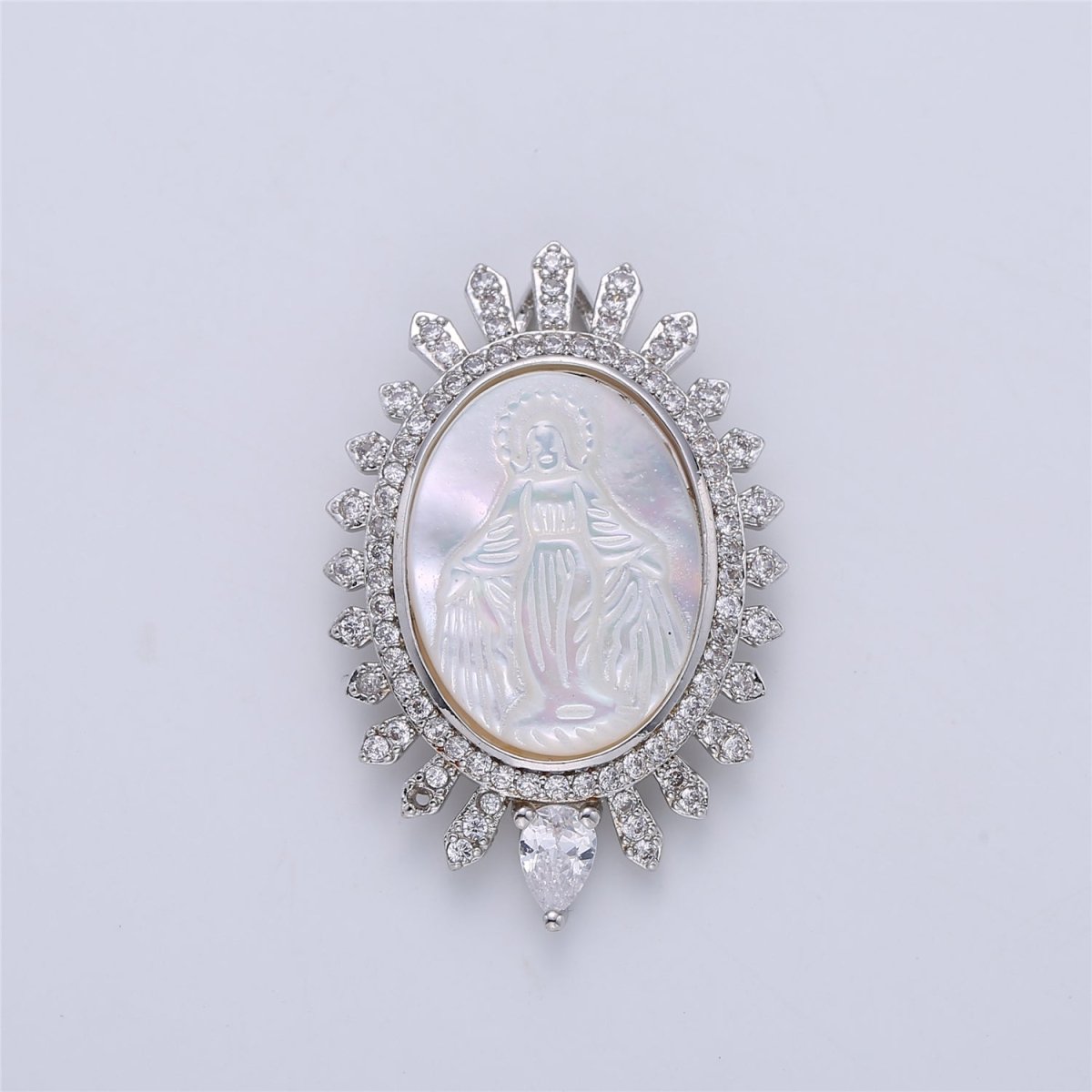 Silver Medallion Pendant Mother Of Pearl Miraculous Lady Charm Medallion Necklace Pendant with Cubic Zirconia C-705 H-773 - DLUXCA