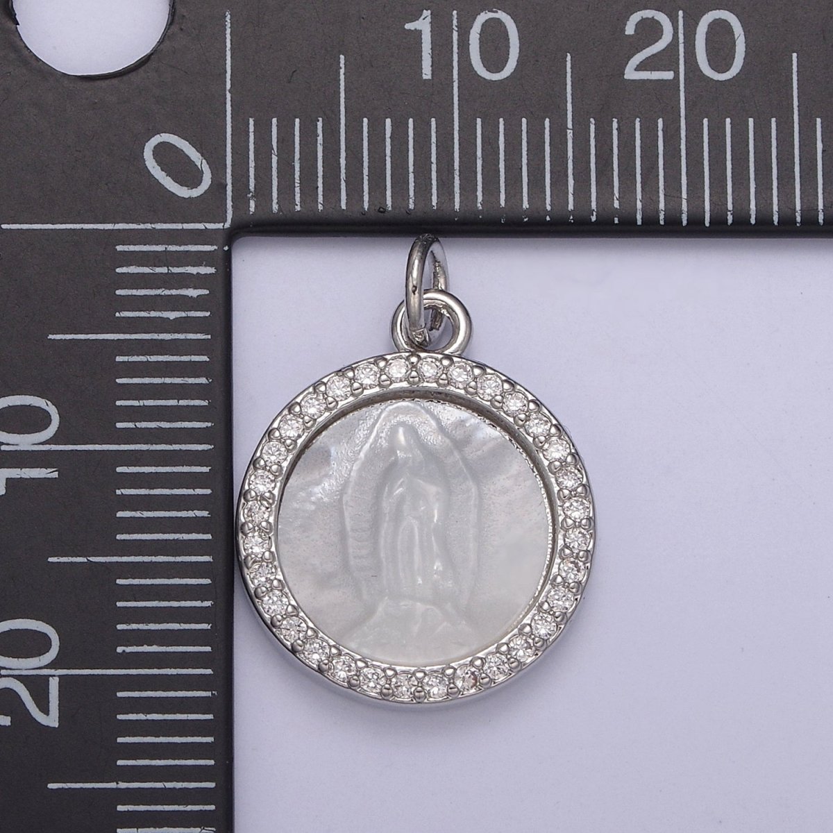Silver Mother of Pearl Virgin Mary, CZ Micro Pave Charm Pendant, Shell Virgin Mary Round Charm N-859 - DLUXCA