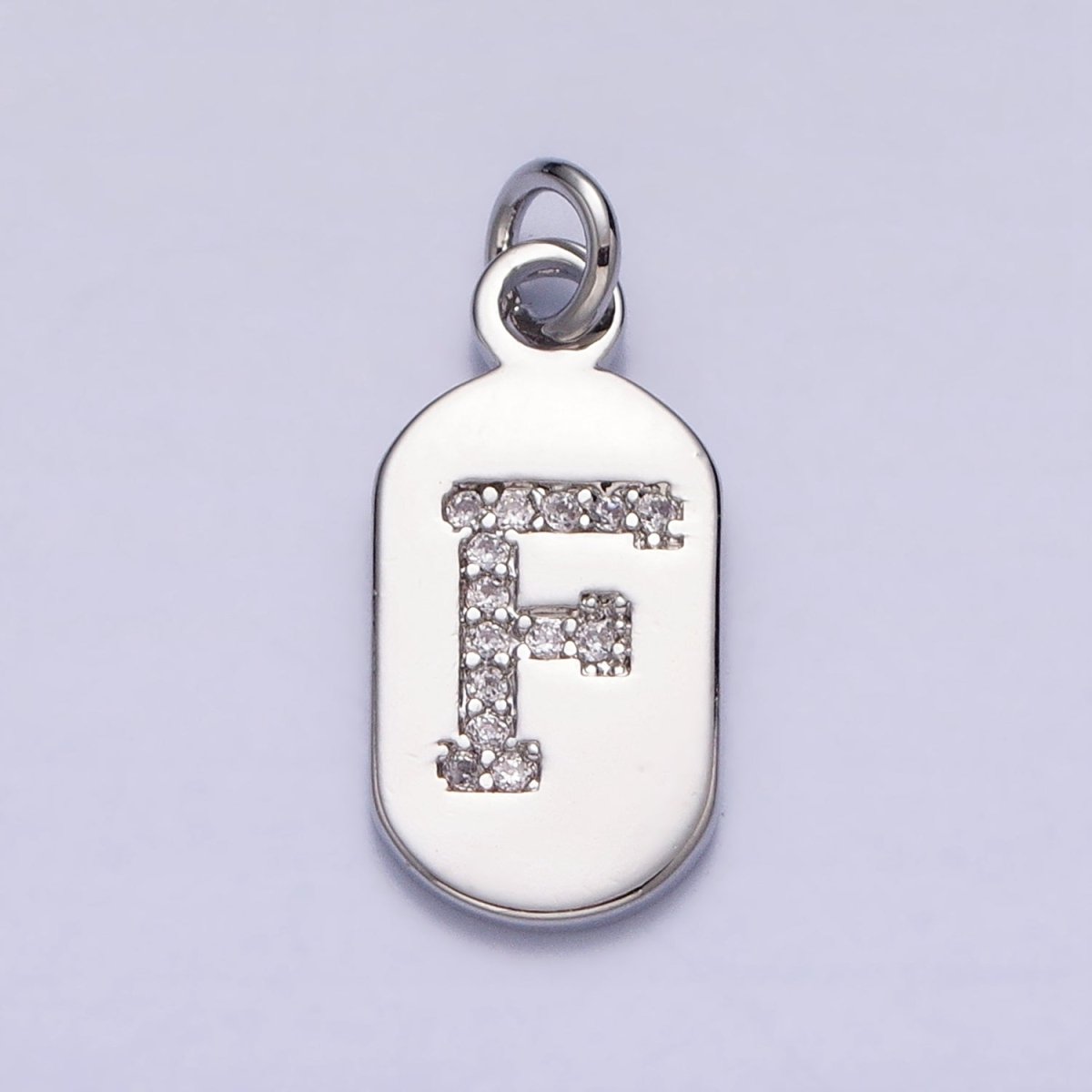 Silver Rectangular Tag CZ Clear Micro Paved Personalized Initial Alphabet Name Tag Charm | AD001-AD026 - DLUXCA