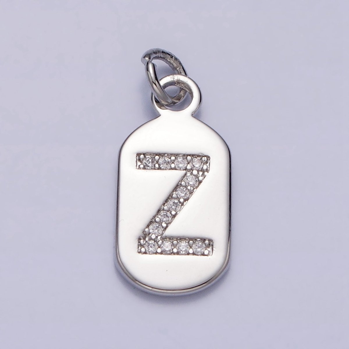 Silver Rectangular Tag CZ Clear Micro Paved Personalized Initial Alphabet Name Tag Charm | AD001-AD026 - DLUXCA