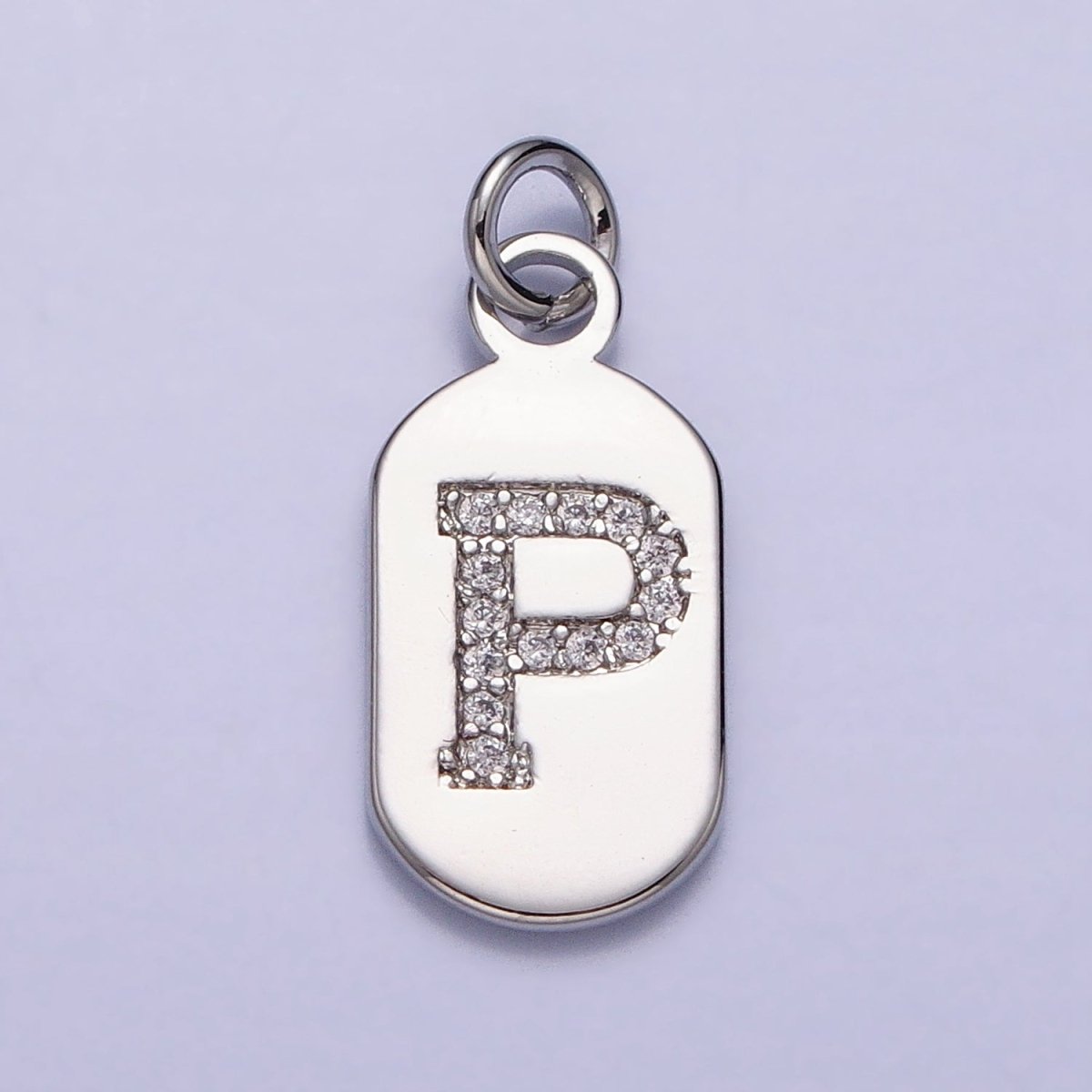 Silver Rectangular Tag CZ Clear Micro Paved Personalized Initial Alphabet Name Tag Charm | AD001-AD026 - DLUXCA