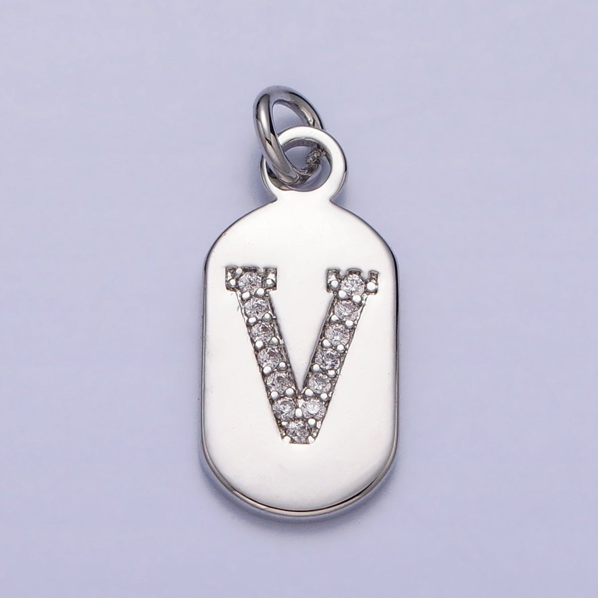 Silver Rectangular Tag CZ Clear Micro Paved Personalized Initial Alphabet Name Tag Charm | AD001-AD026 - DLUXCA