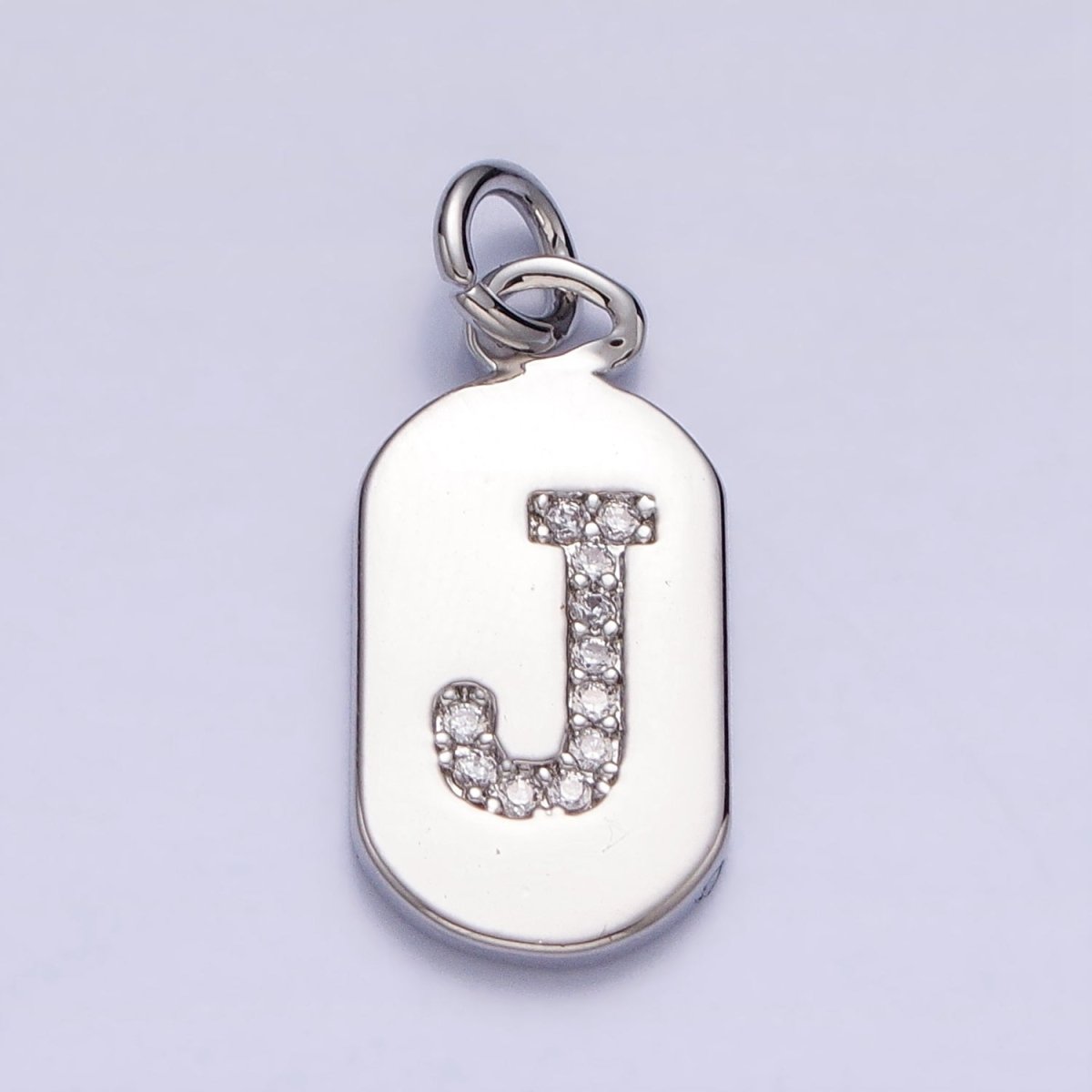 Silver Rectangular Tag CZ Clear Micro Paved Personalized Initial Alphabet Name Tag Charm | AD001-AD026 - DLUXCA