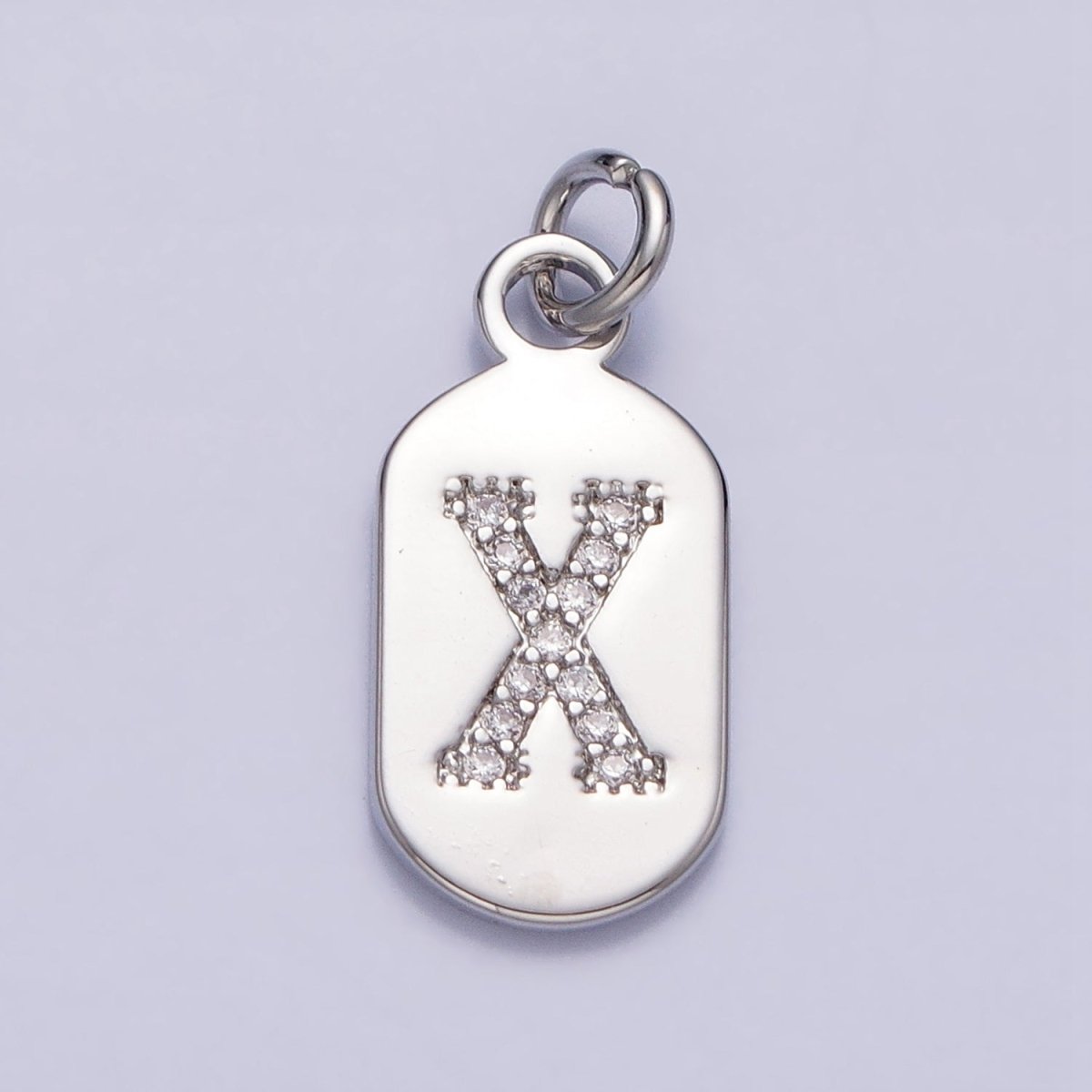 Silver Rectangular Tag CZ Clear Micro Paved Personalized Initial Alphabet Name Tag Charm | AD001-AD026 - DLUXCA