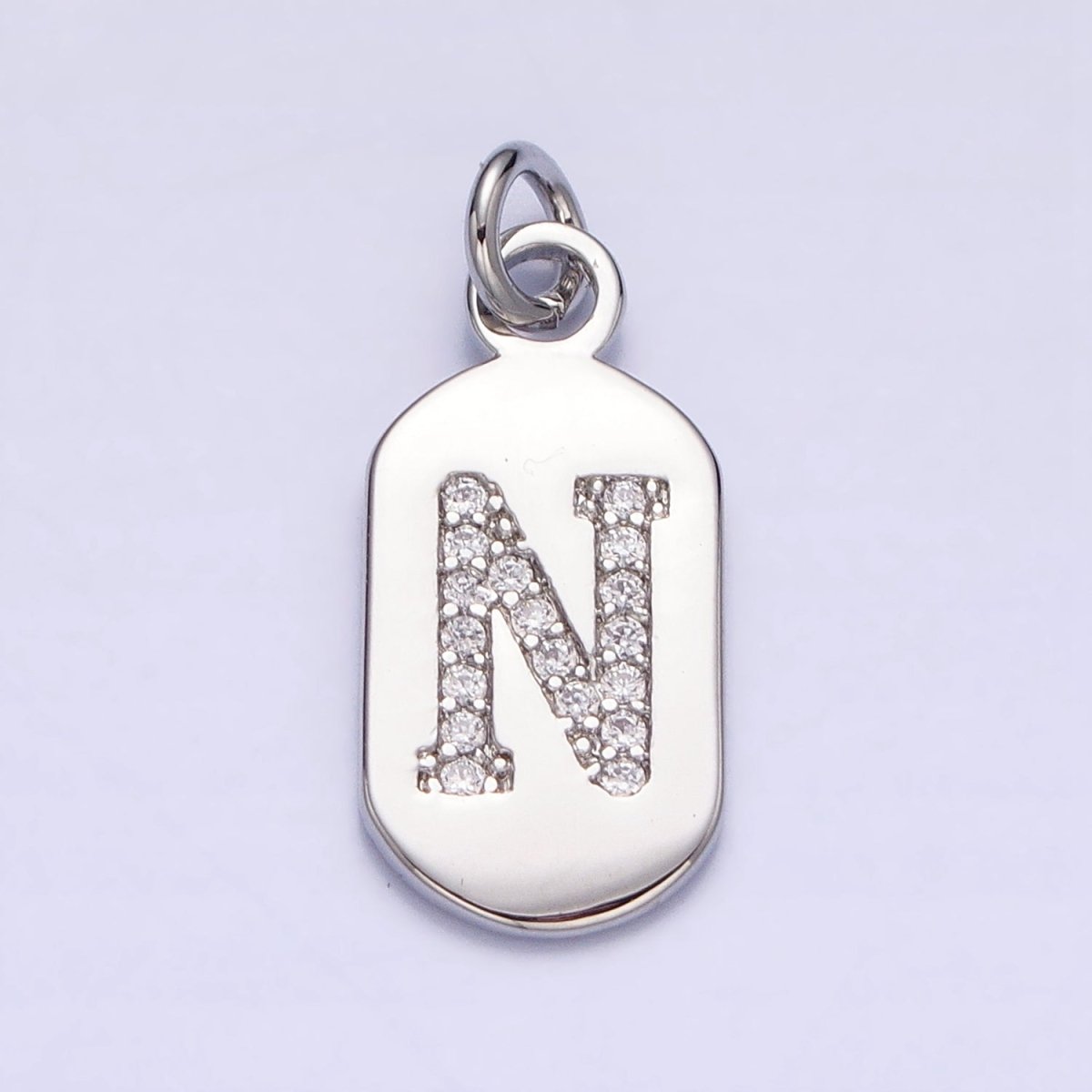 Silver Rectangular Tag CZ Clear Micro Paved Personalized Initial Alphabet Name Tag Charm | AD001-AD026 - DLUXCA