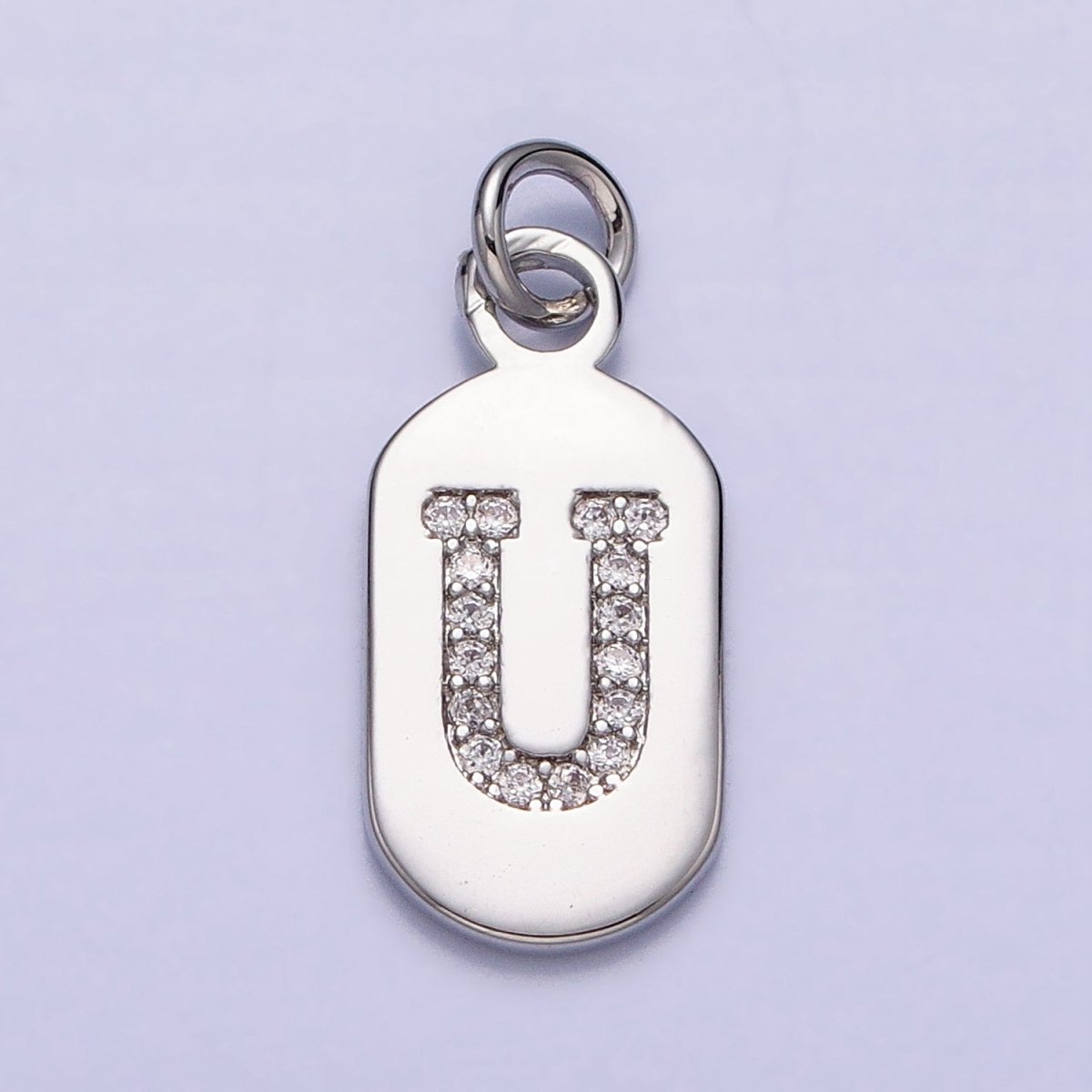 Silver Rectangular Tag CZ Clear Micro Paved Personalized Initial Alphabet Name Tag Charm | AD001-AD026 - DLUXCA