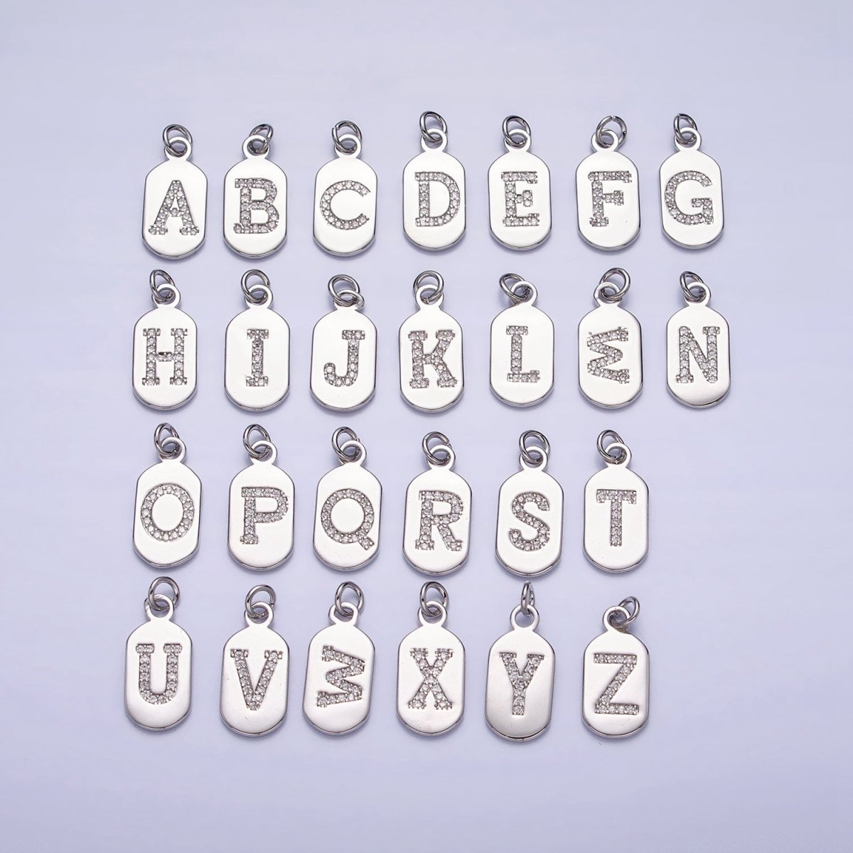 Silver Rectangular Tag CZ Clear Micro Paved Personalized Initial Alphabet Name Tag Charm | AD001-AD026 - DLUXCA