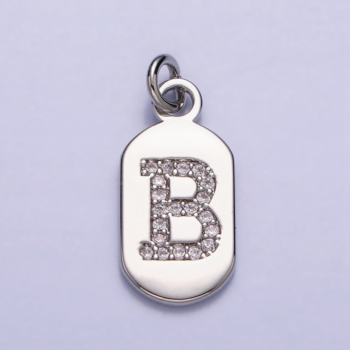 Silver Rectangular Tag CZ Clear Micro Paved Personalized Initial Alphabet Name Tag Charm | AD001-AD026 - DLUXCA