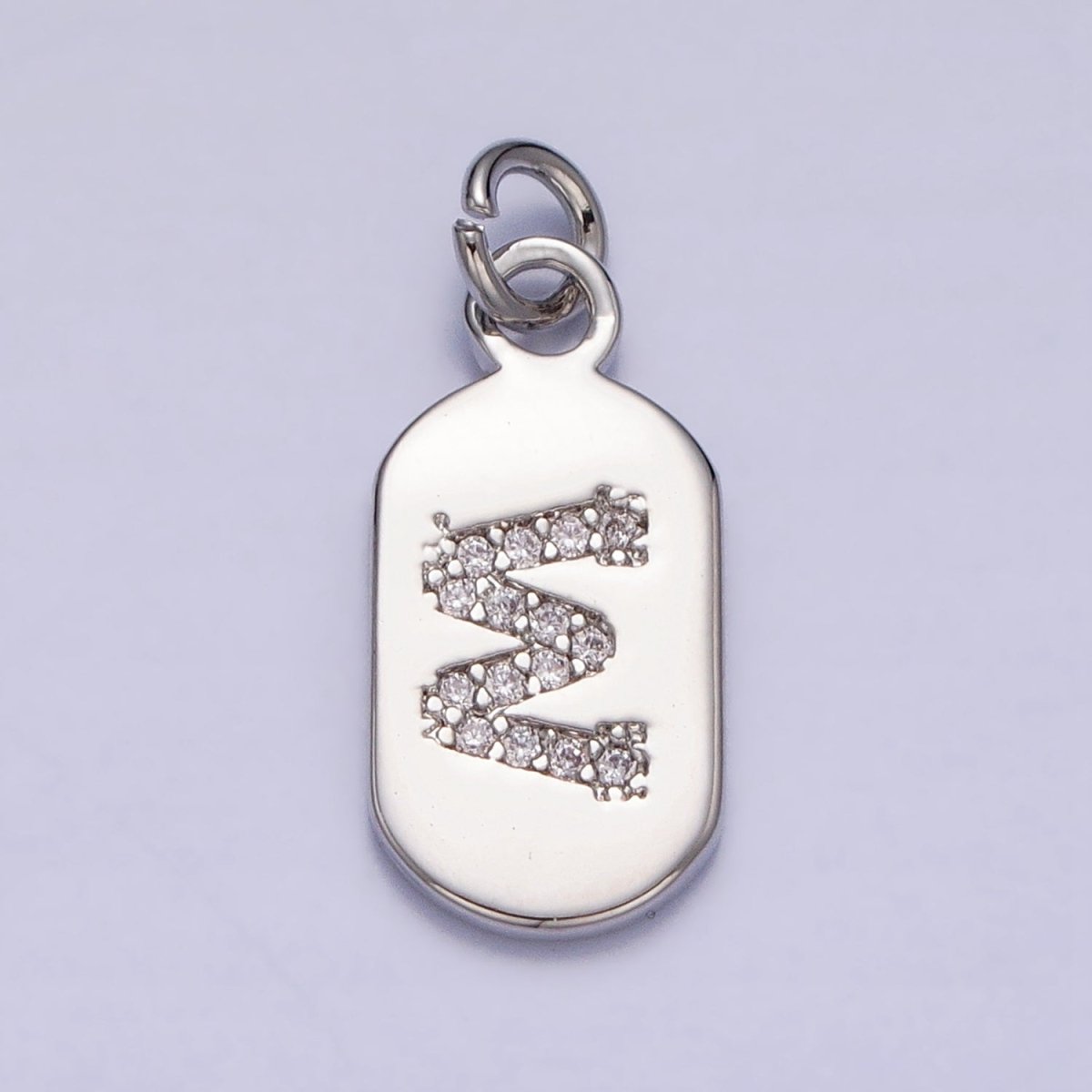 Silver Rectangular Tag CZ Clear Micro Paved Personalized Initial Alphabet Name Tag Charm | AD001-AD026 - DLUXCA