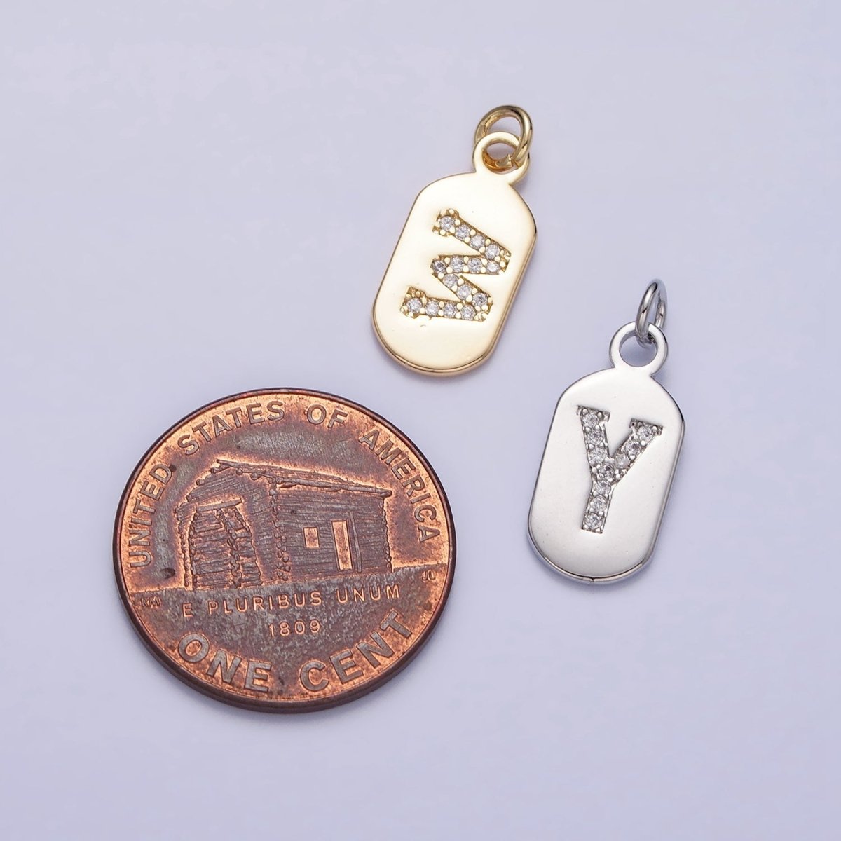 Silver Rectangular Tag CZ Clear Micro Paved Personalized Initial Alphabet Name Tag Charm | AD001-AD026 - DLUXCA