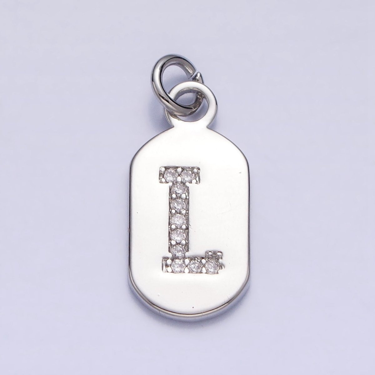 Silver Rectangular Tag CZ Clear Micro Paved Personalized Initial Alphabet Name Tag Charm | AD001-AD026 - DLUXCA