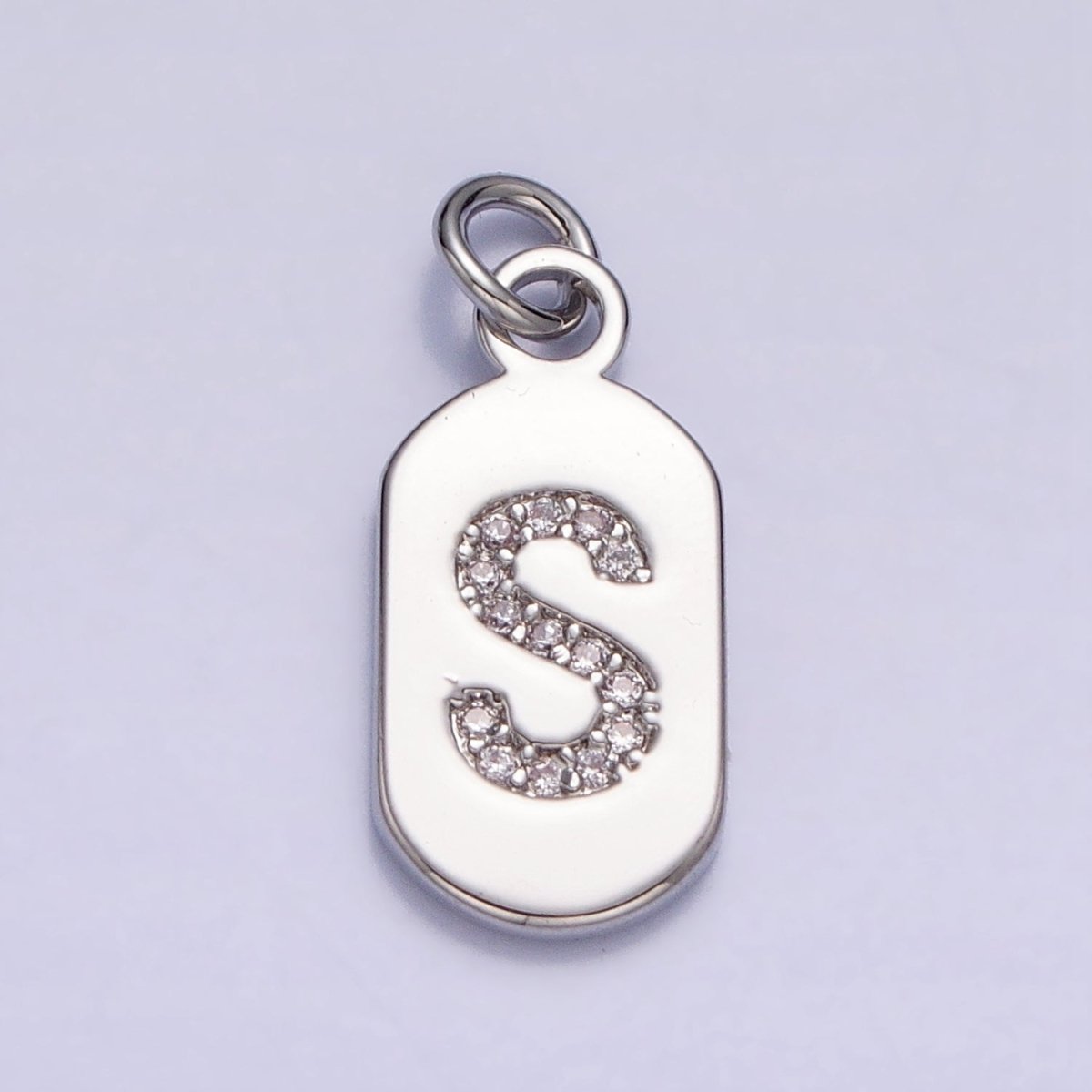 Silver Rectangular Tag CZ Clear Micro Paved Personalized Initial Alphabet Name Tag Charm | AD001-AD026 - DLUXCA