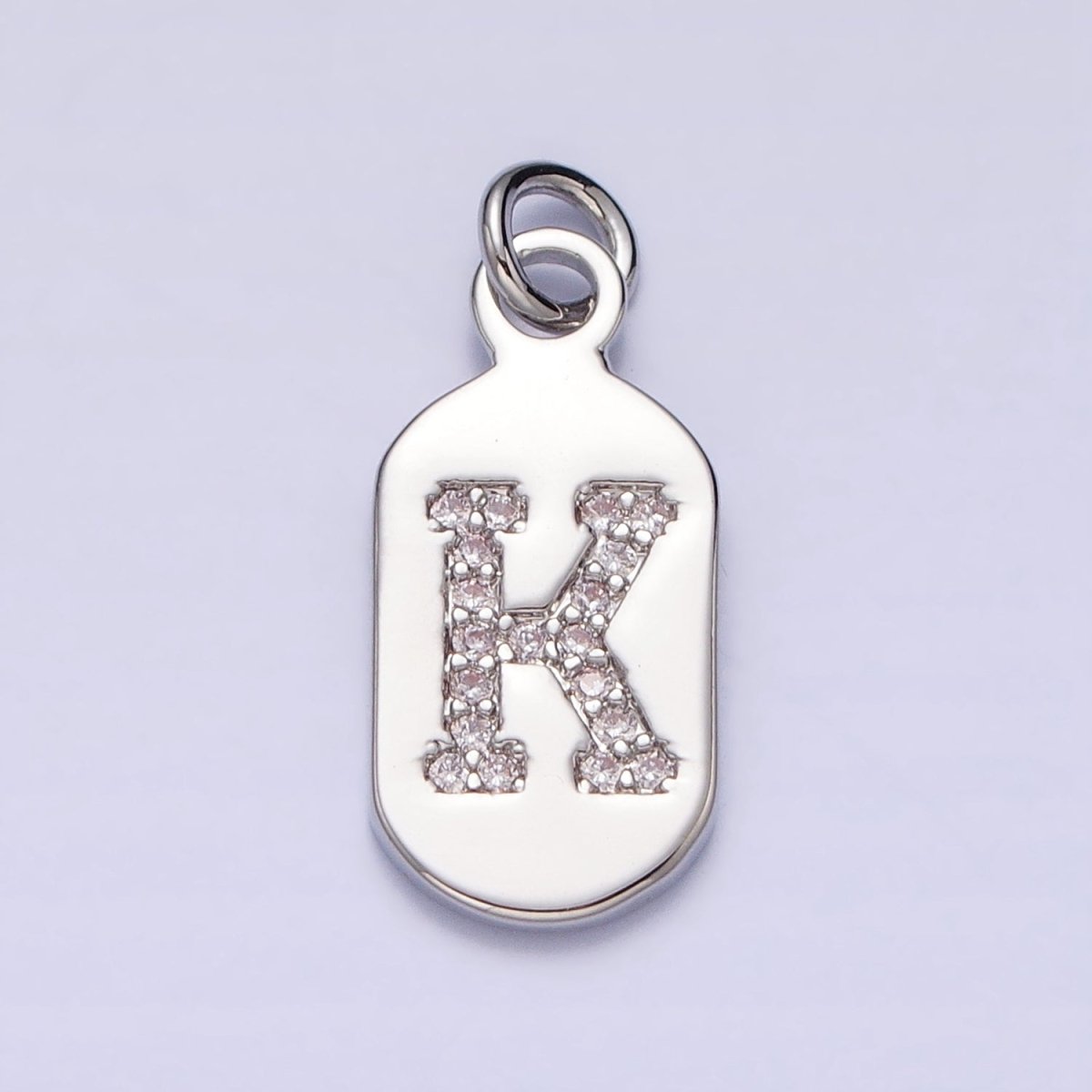 Silver Rectangular Tag CZ Clear Micro Paved Personalized Initial Alphabet Name Tag Charm | AD001-AD026 - DLUXCA