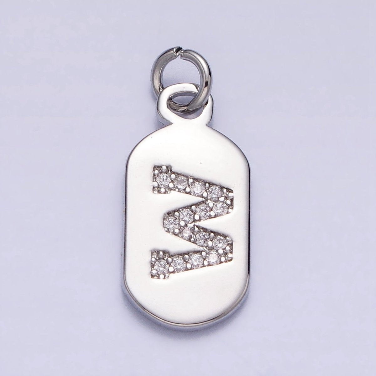 Silver Rectangular Tag CZ Clear Micro Paved Personalized Initial Alphabet Name Tag Charm | AD001-AD026 - DLUXCA