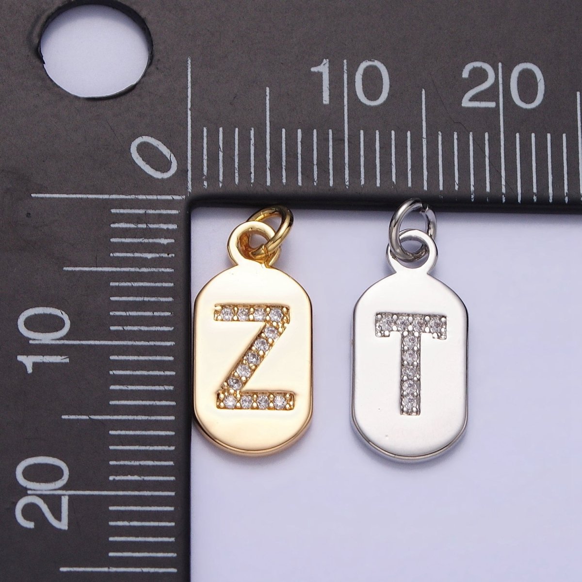 Silver Rectangular Tag CZ Clear Micro Paved Personalized Initial Alphabet Name Tag Charm | AD001-AD026 - DLUXCA