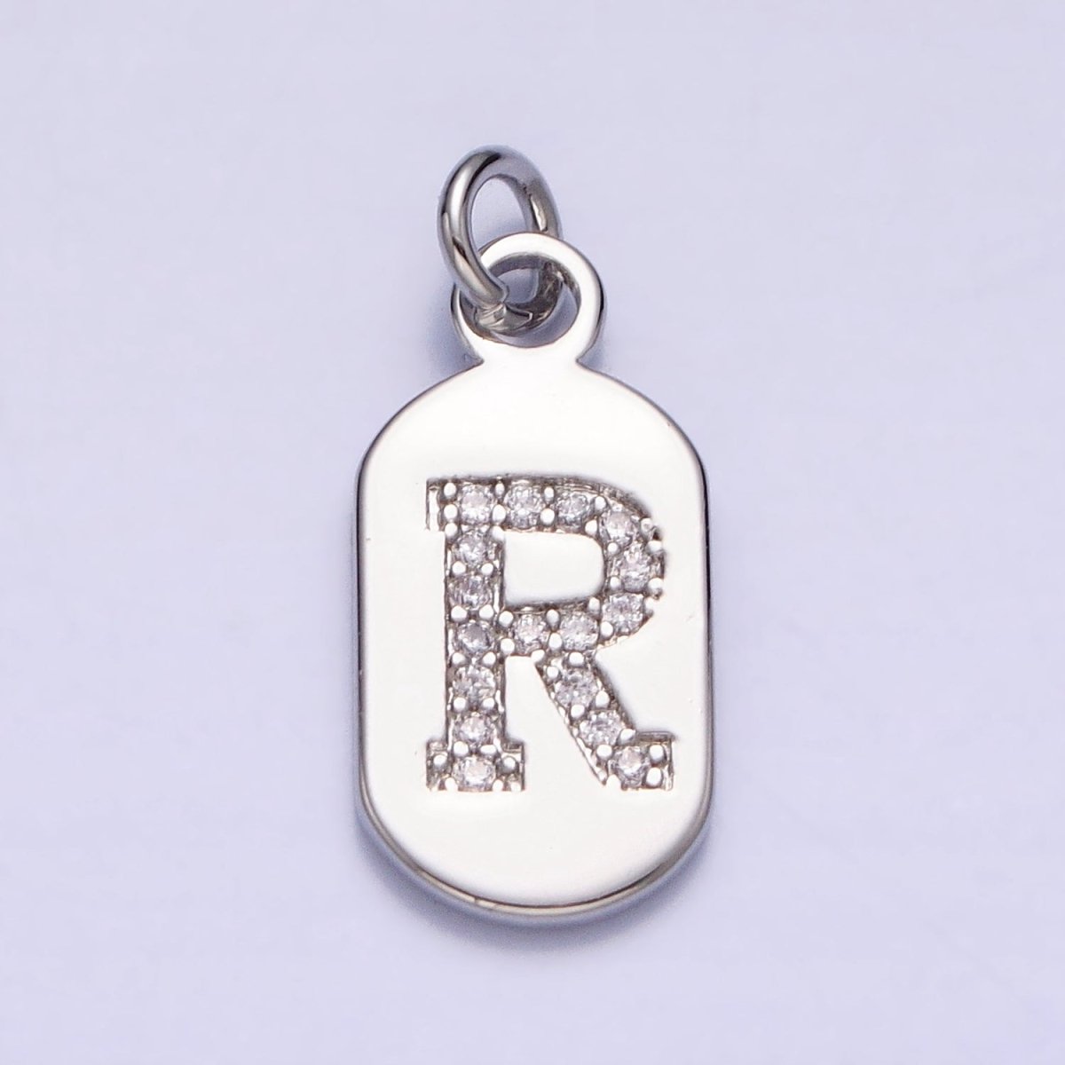 Silver Rectangular Tag CZ Clear Micro Paved Personalized Initial Alphabet Name Tag Charm | AD001-AD026 - DLUXCA