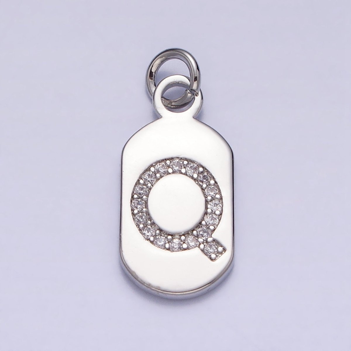 Silver Rectangular Tag CZ Clear Micro Paved Personalized Initial Alphabet Name Tag Charm | AD001-AD026 - DLUXCA