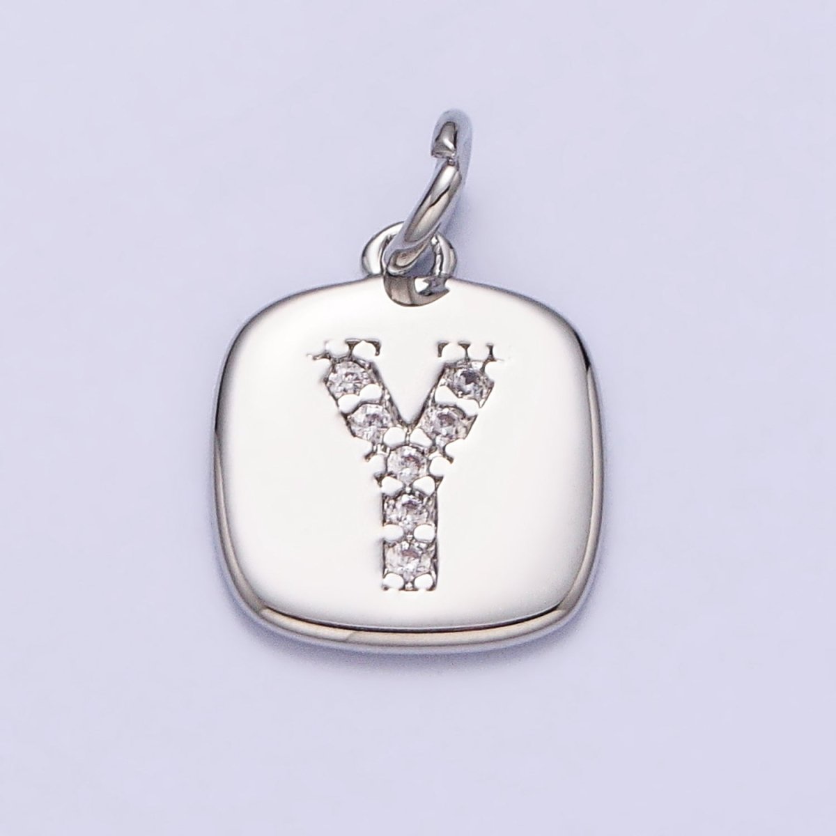 Silver Tag Square CZ Clear Micro Paved Initial Alphabet Dainty Personalized Name Tag Charm | AD097 - AD122 - DLUXCA