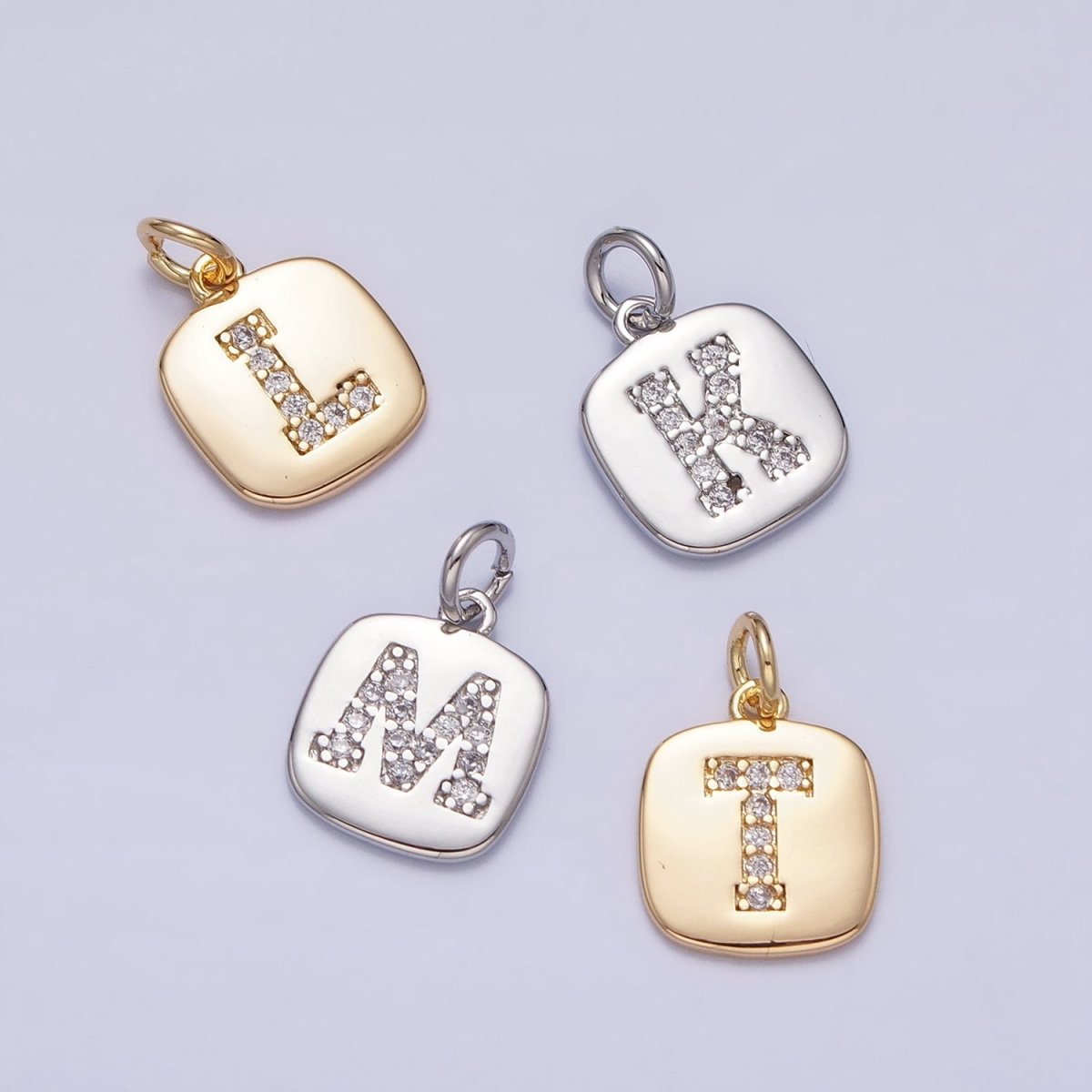 Silver Tag Square CZ Clear Micro Paved Initial Alphabet Dainty Personalized Name Tag Charm | AD097 - AD122 - DLUXCA