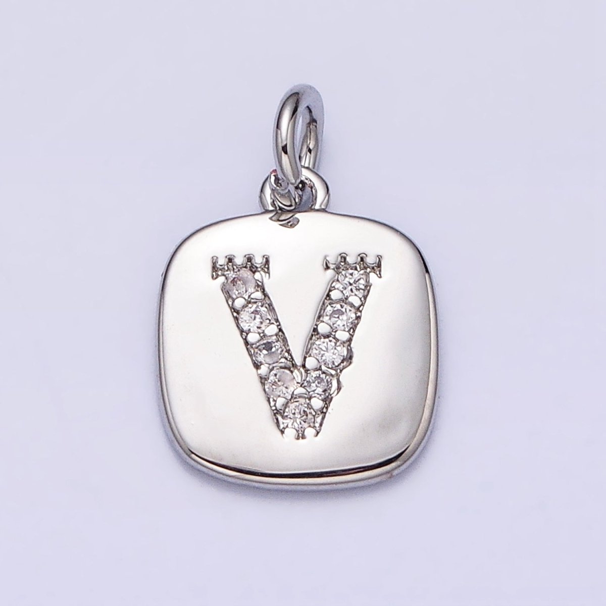 Silver Tag Square CZ Clear Micro Paved Initial Alphabet Dainty Personalized Name Tag Charm | AD097 - AD122 - DLUXCA