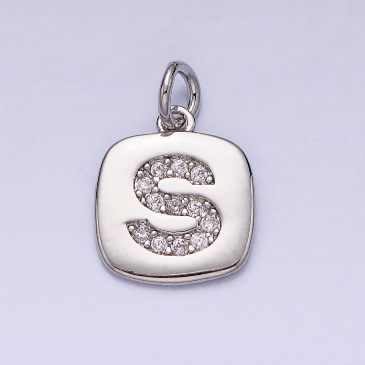 Silver Tag Square CZ Clear Micro Paved Initial Alphabet Dainty Personalized Name Tag Charm | AD097 - AD122 - DLUXCA