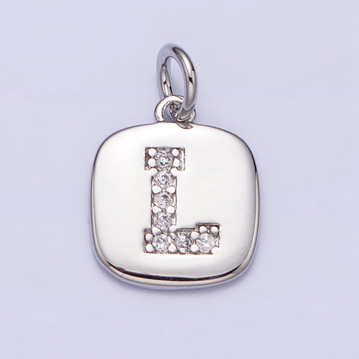 Silver Tag Square CZ Clear Micro Paved Initial Alphabet Dainty Personalized Name Tag Charm | AD097 - AD122 - DLUXCA