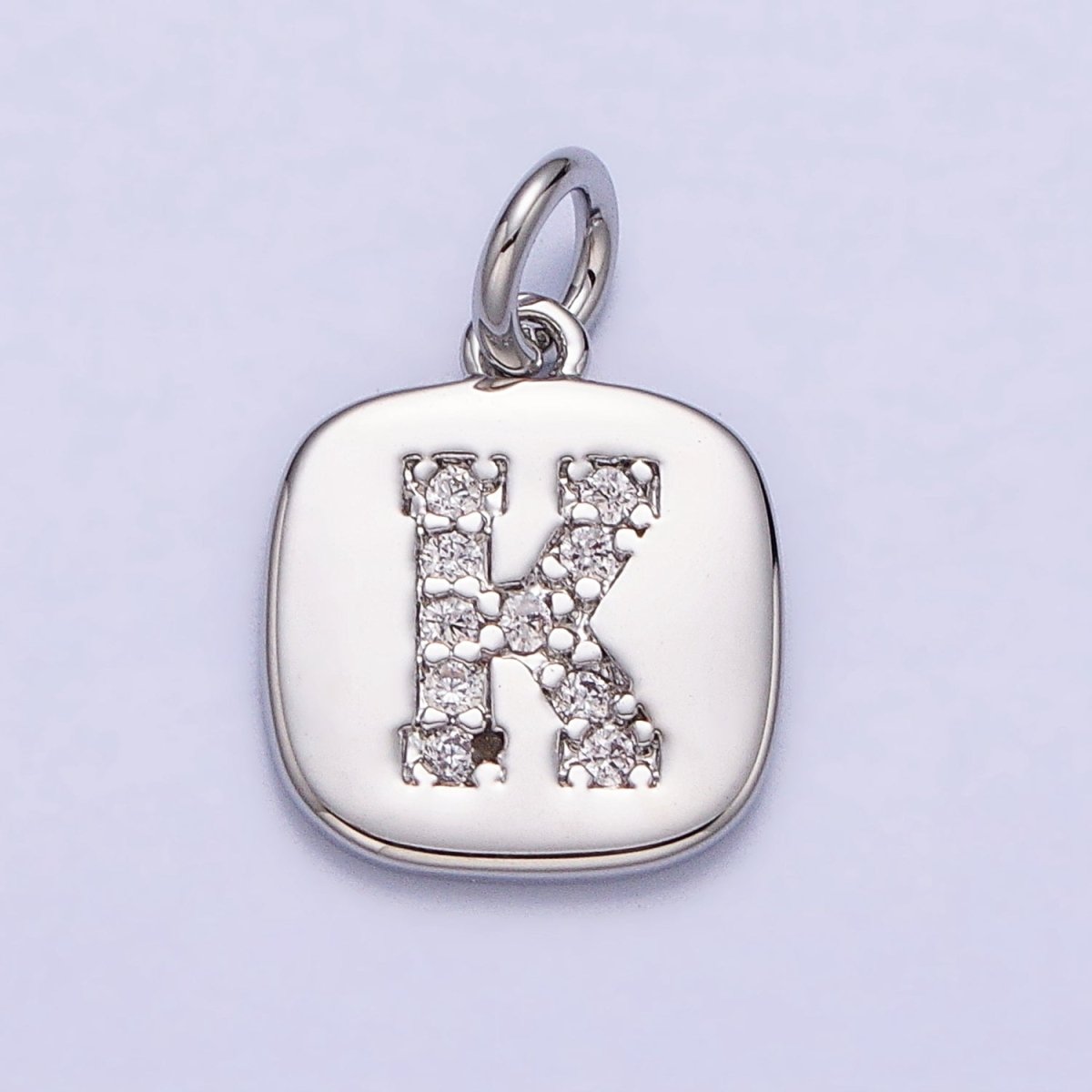 Silver Tag Square CZ Clear Micro Paved Initial Alphabet Dainty Personalized Name Tag Charm | AD097 - AD122 - DLUXCA
